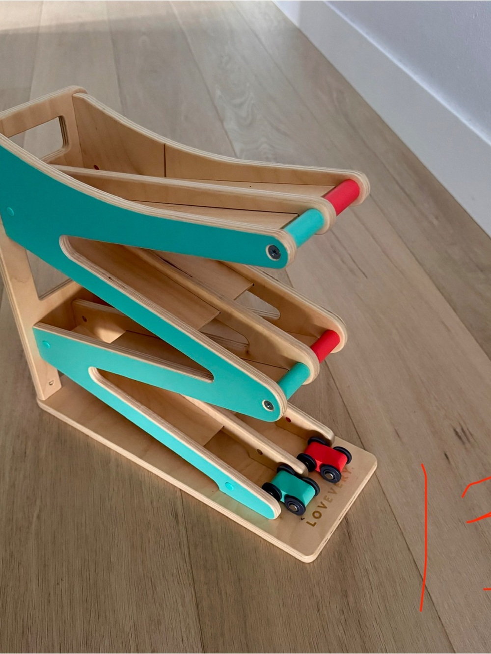 Wooden Race Ramp Toy in Teal and Red - Classic Stacking Car Track